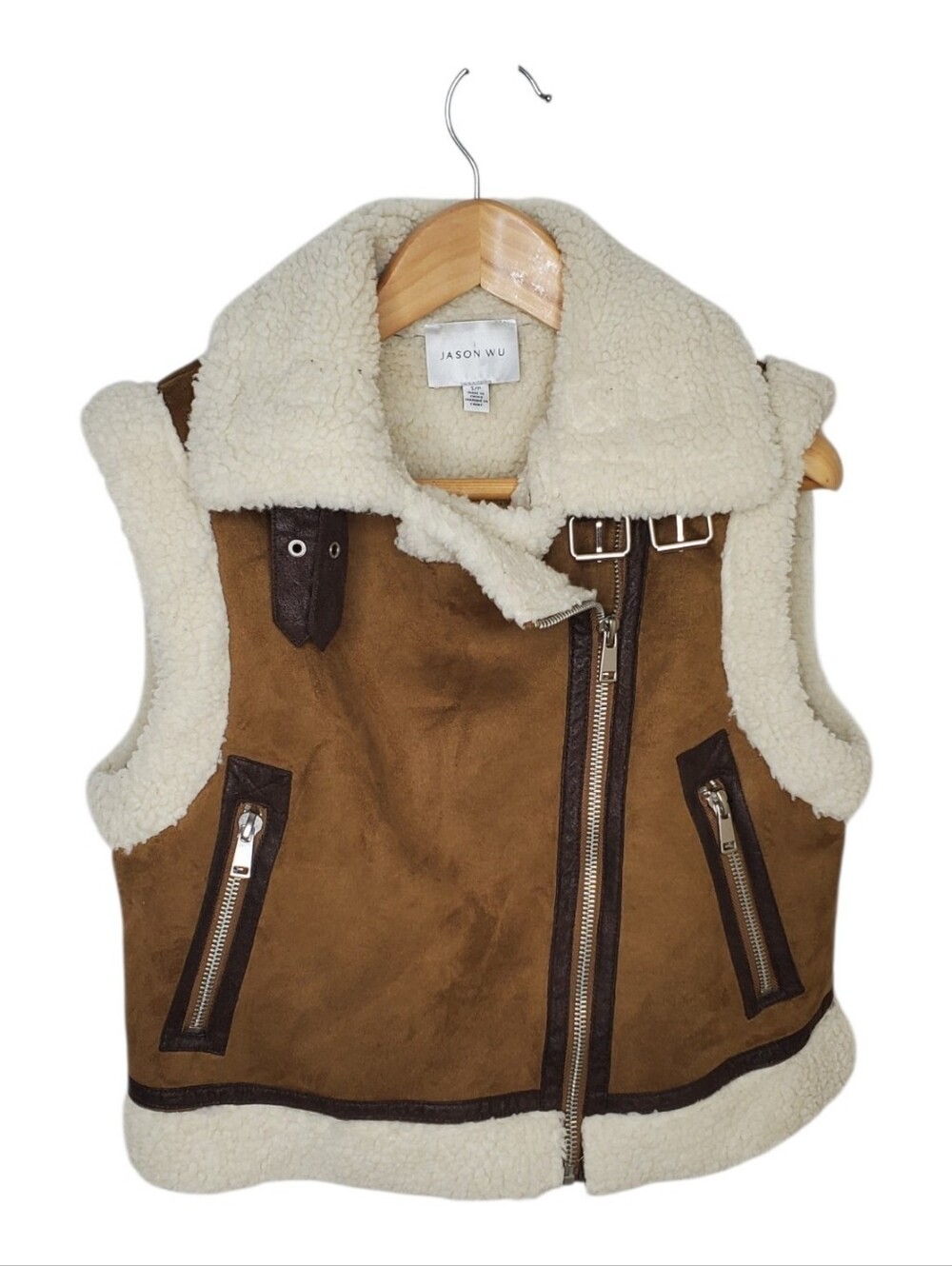 Jason Wu Faux Leather Shearling Vest Small Moto Zipper Jacket Biker Feminine - Picture 2 of 9